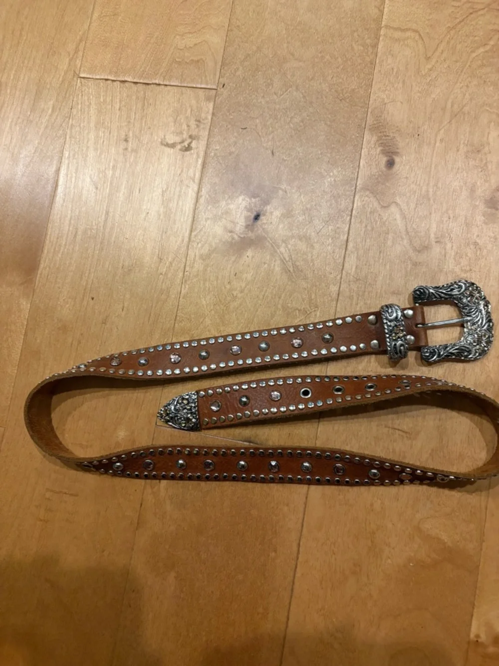 Leather western belt with rhinestones brown sz M 1.5” wide cowgirl